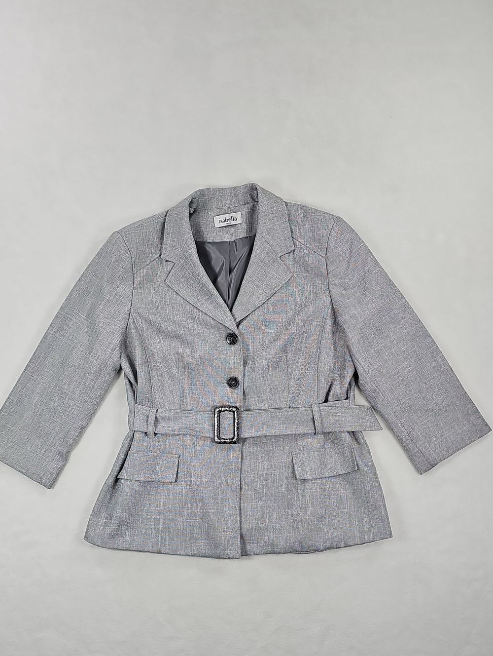 Isabella Suit Womens Grey Belted Blazer Jacket 3/4 Sleeve Snakeskin Buckle 20x25